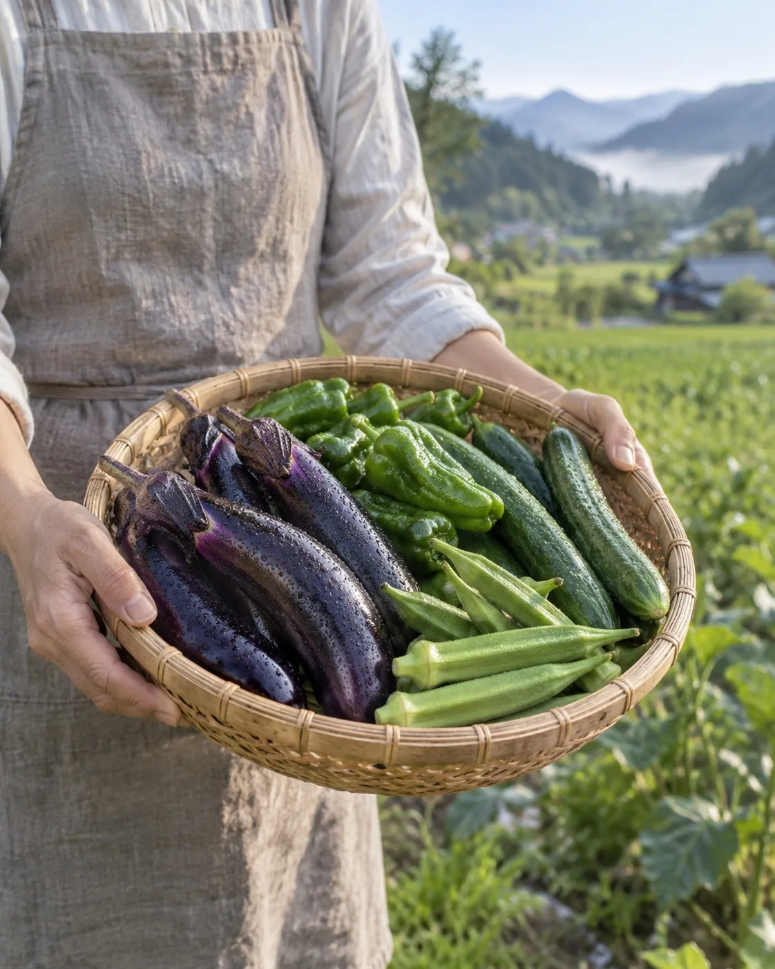 採れた野菜のかごを持つ手元（イメージ・見本）