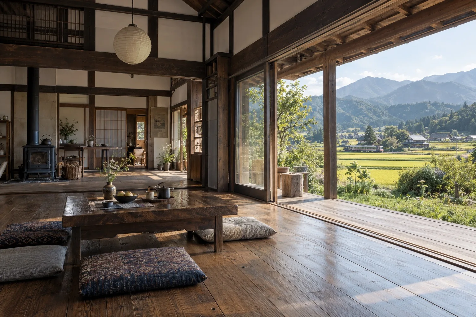 梁の見える改修した古民家の居間。開けたガラス戸の外に田んぼと山（イメージ・見本）