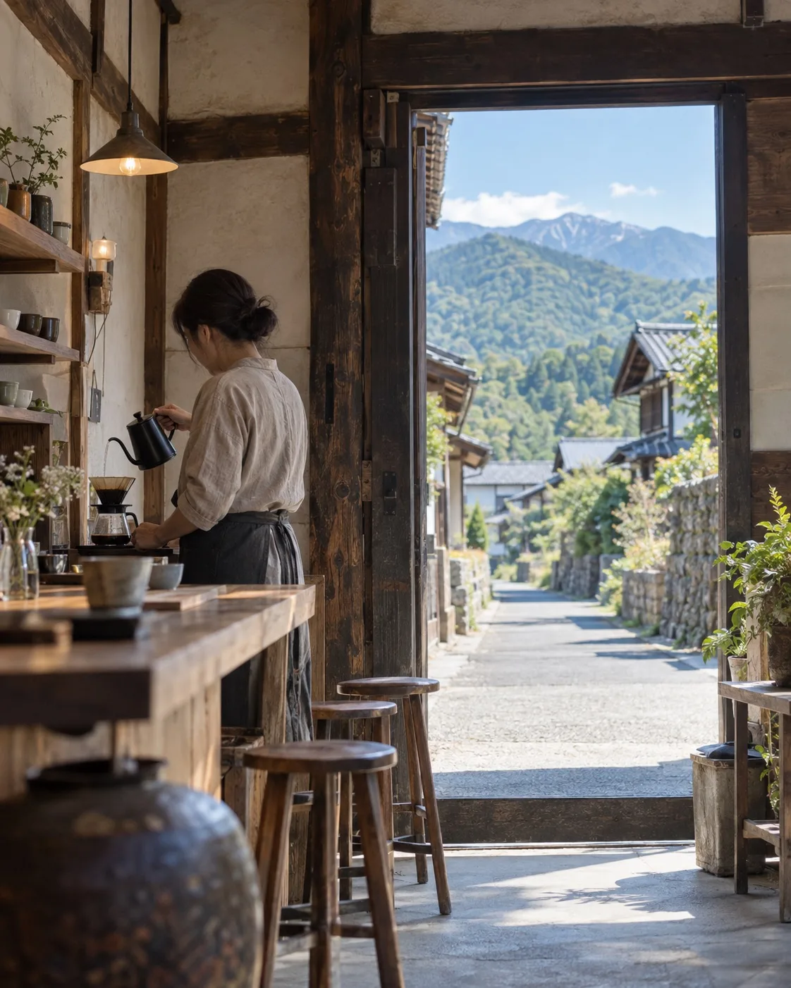 古い蔵を直したカフェで、コーヒーを淹れる人の横からの後ろ姿（イメージ・見本）